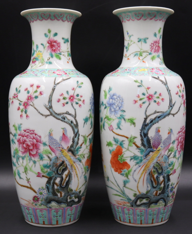 Appraisal: Pair of Chinese Famille Rose 'Birds and Flowers' Vases With