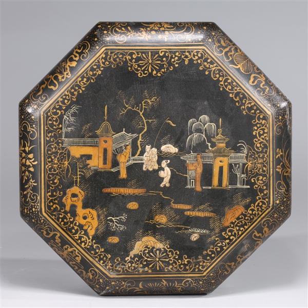 Appraisal: Chinese gilt lacquer eight-sided covered box with figures and town