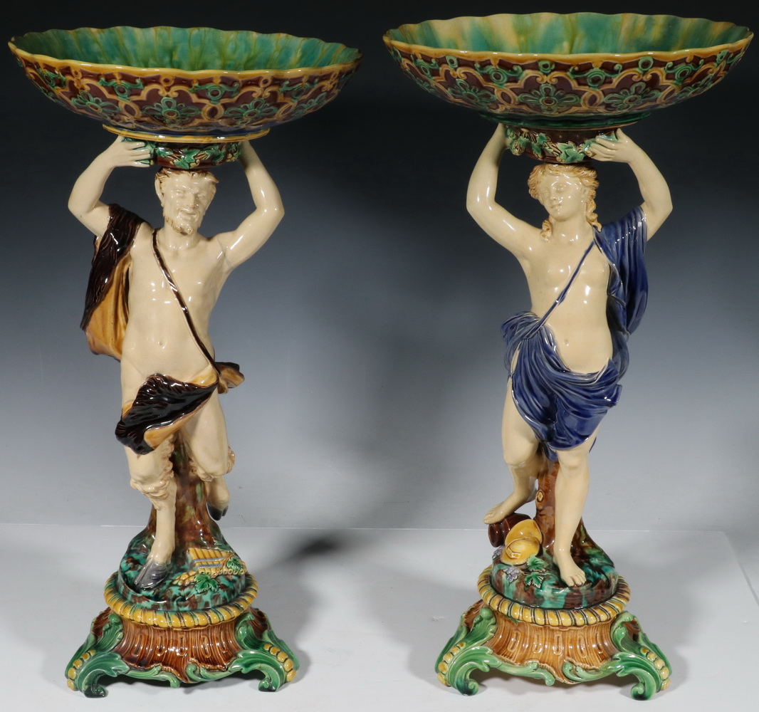 Appraisal: RARE PR MINTON MAJOLICA FIGURAL CENTERPIECES Pair of Victorian Majolica