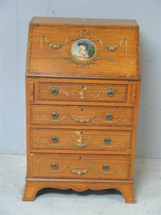 Appraisal: Early th Century crossbanded and ebony strung satinwood bureau painted