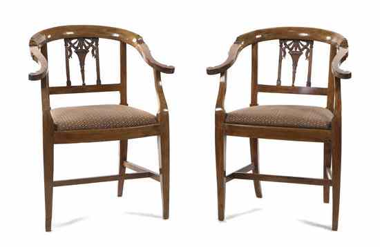 Appraisal: A Pair of Italian Fruitwood Open Armchairs each with a