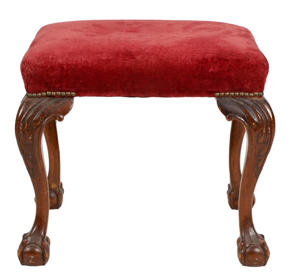 Appraisal: GEORGIAN--STYLE CARVED MAHOGANY STOOLcovered in red velour fabric Condition a