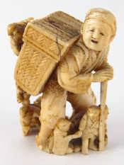 Appraisal: A Cinese ivory figure of a peasant a wicker basket