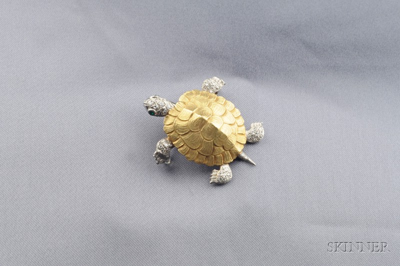 Appraisal: kt Gold Platinum and Diamond Turtle Brooch McTeigue of naturalistic