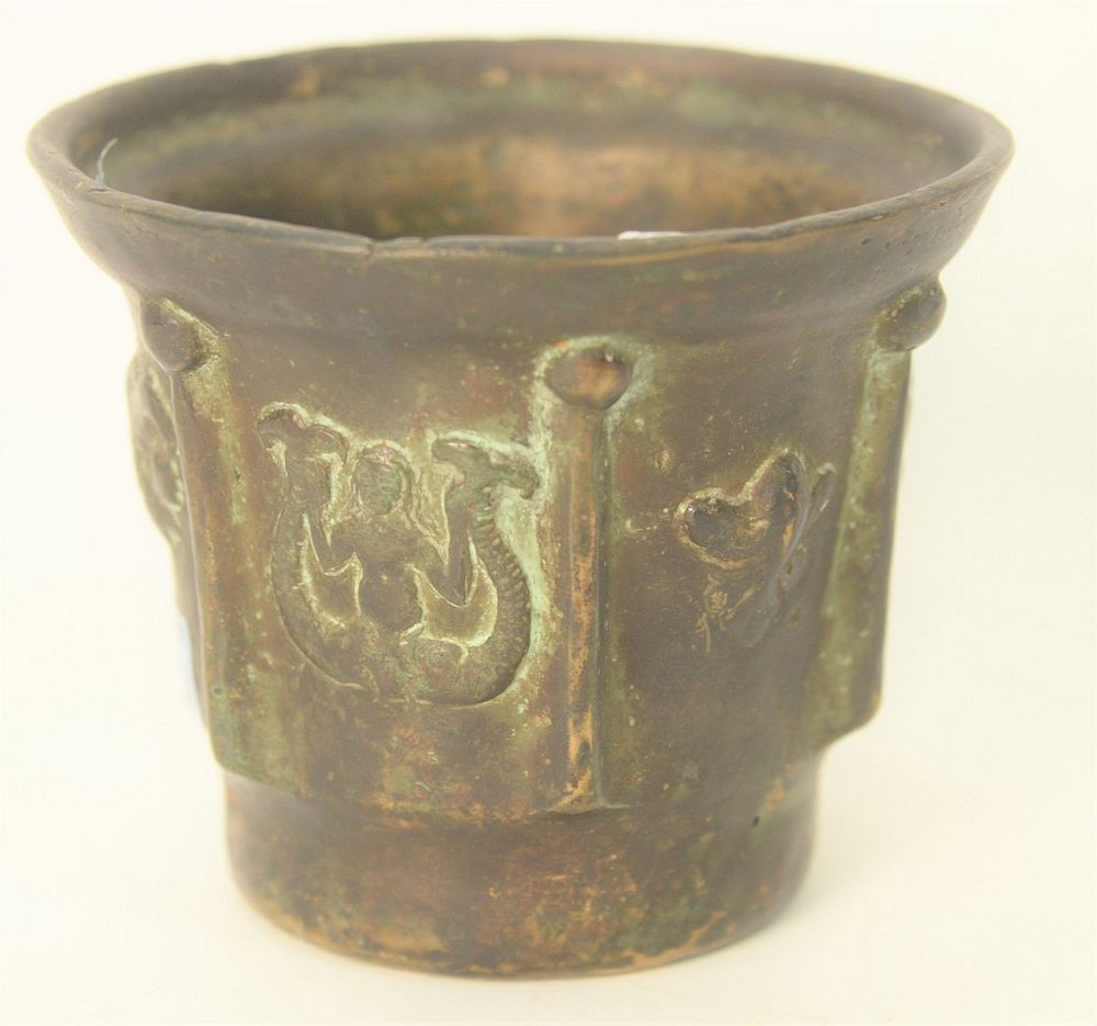 Appraisal: Renaissance Early Bronze Mortar having moulded fish mask and Fleur-de-lis