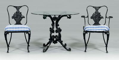 Appraisal: Black-painted garden set table with painted aluminum base and beveled