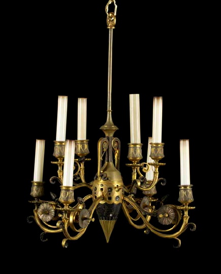 Appraisal: Good Rare Napoleon III Bronze-Patinated and Parcel-Gilt-Brass Tiered Eight-Light Chandelier