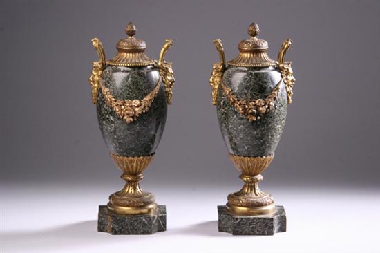 Appraisal: PAIR FRENCH LOUIS XVI-STYLE BRONZE DOR -MOUNTED MARBLE URNS AND