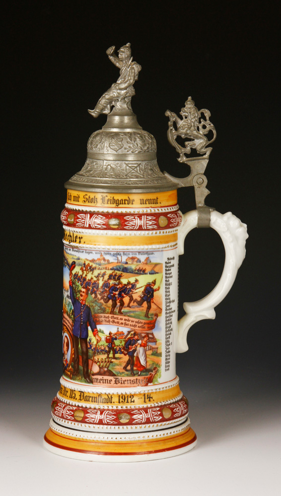 Appraisal: - Regimental Lithophane Stein Regimental lithophane stein with pewter figural