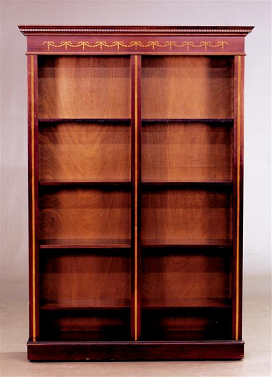 Appraisal: Edwardian inlaid mahogany open bookcase dentil-molded crown over frieze decorated