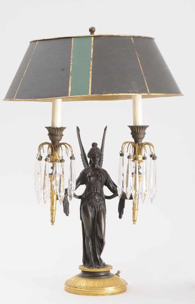 Appraisal: REGENCY BRONZE AND GILT-BRONZE TWO-LIGHT CANDELABRA Now mounted as a