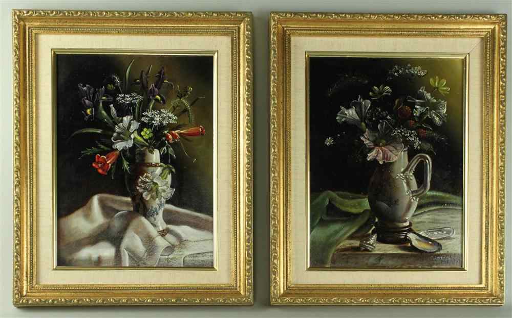 Appraisal: ROBERT WHITE PAIR OF FLOWER STILL LIFES Oil on board