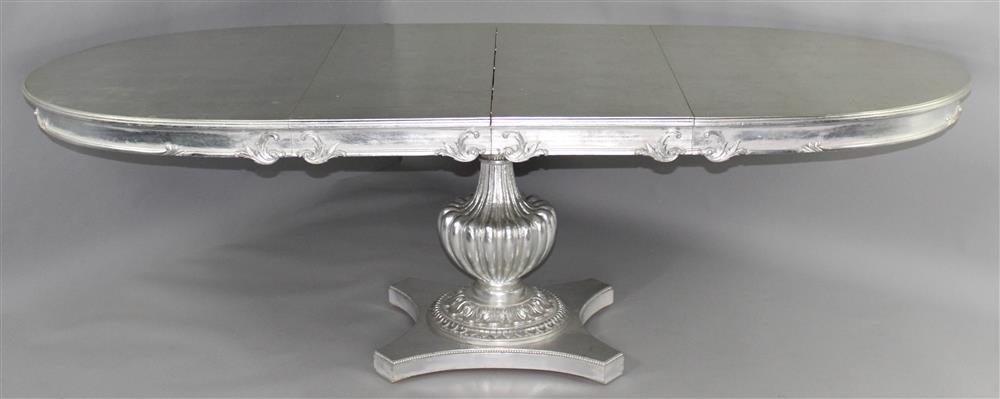 Appraisal: LOUIS XV STYLE OVAL SILVER LEAF PEDESTAL DINING TABLE INCLUDING