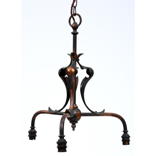 Appraisal: An English Art Nouveau oxidised brass three light chandelier early