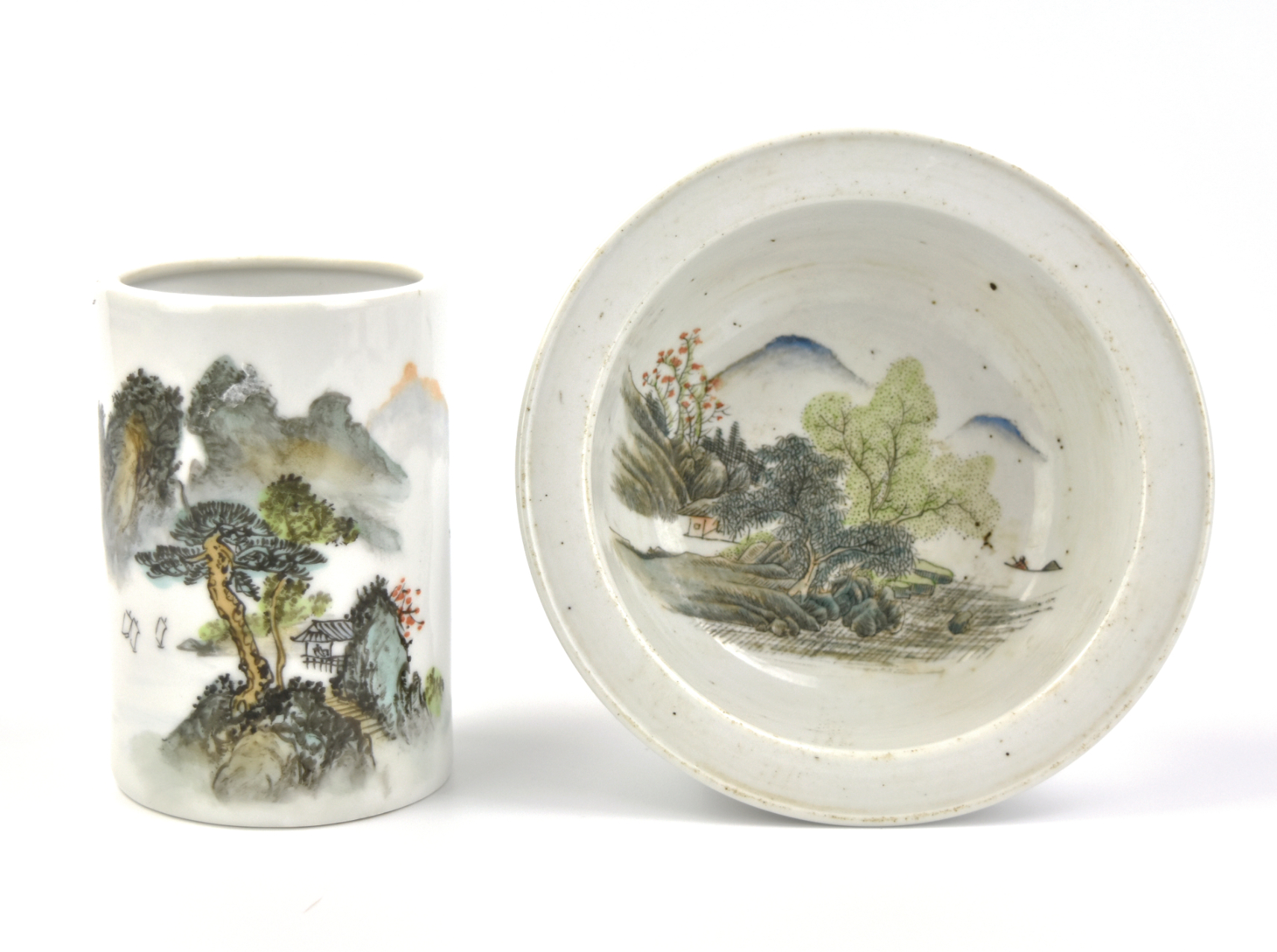 Appraisal: Chinese porcelain brushpot the cylindrical form painted with mountain landscape