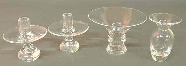 Appraisal: Pair of Steuben glass candlesticks h Steuben bowl h x