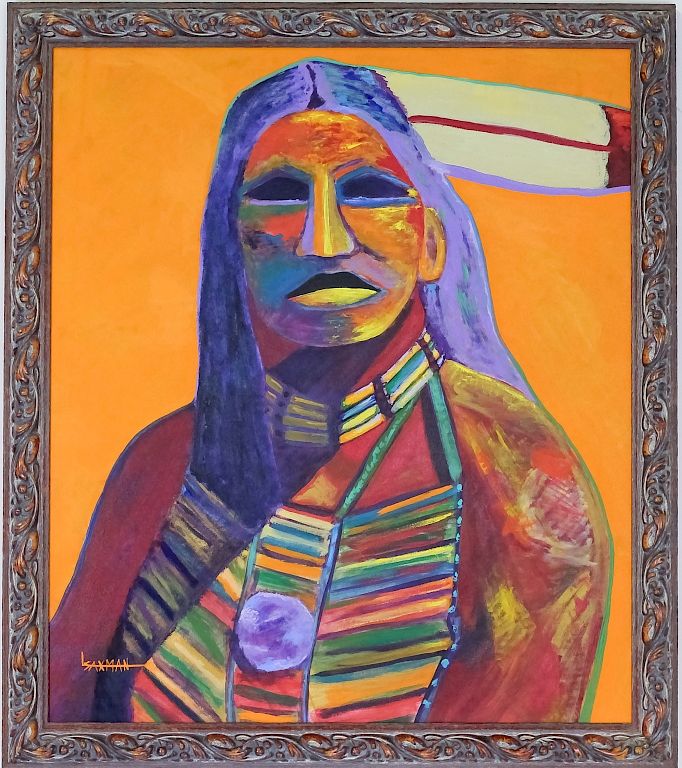 Appraisal: Larry Randall American Indian Cheif Oil Painting Larry Randall The