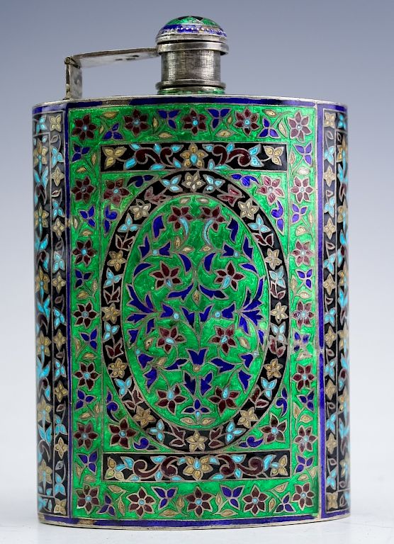 Appraisal: Caucaus Region Sterling Silver Large Enamel Flask Large enamel on