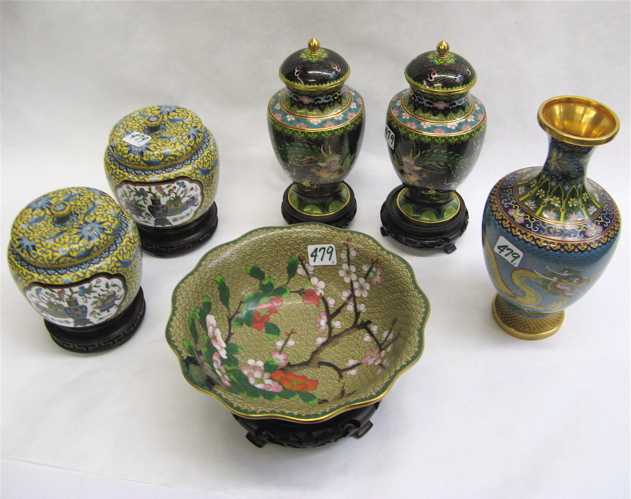 Appraisal: GROUP OF SIX ASIAN CLOISONNE ART OBJECTS pair of ginger