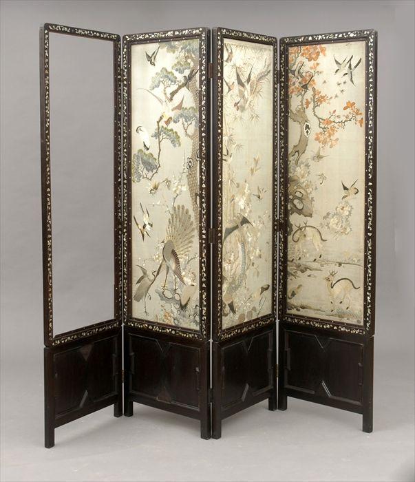 Appraisal: Chinese Mother-of-Pearl Inlaid Rosewood Four-Panel Folding Screen with Silk Needlework