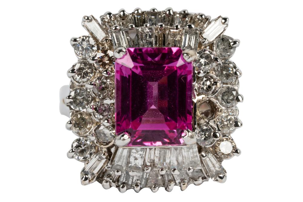 Appraisal: KARAT WHITE GOLD SYNTHETIC PINK SAPPHIRE DIAMOND RINGcentering one cut