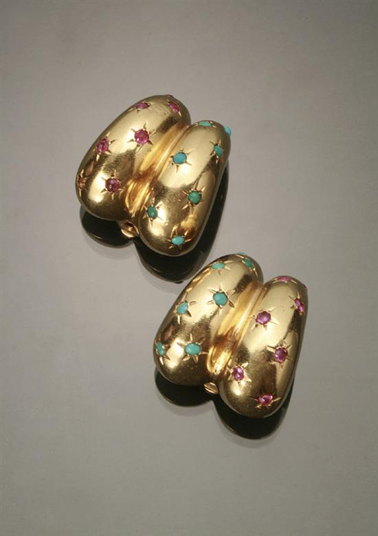 Appraisal: Pair of Retro -Karat Yellow-Gold Ruby and Turquoise Clip-Back Earrings