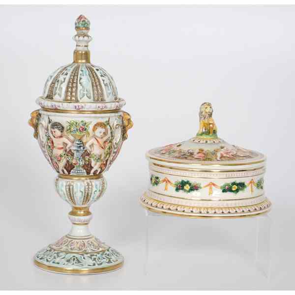 Appraisal: Italian Faience Urn and Dish Italian An assembled group of