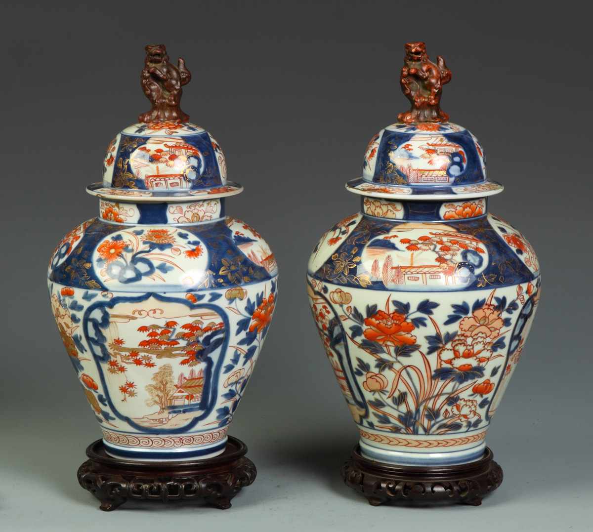 Appraisal: Nearly Identical Imari Porcelain Covered Jars w Foo Dog Finials