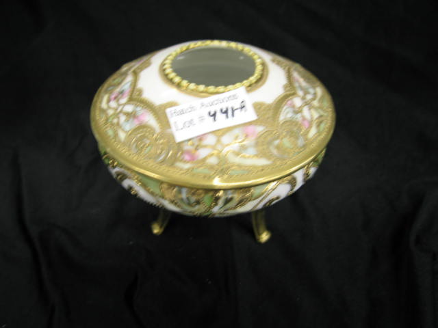 Appraisal: Nippon Handpainted Porcelain Hair Reciever gold encrusted floral decor