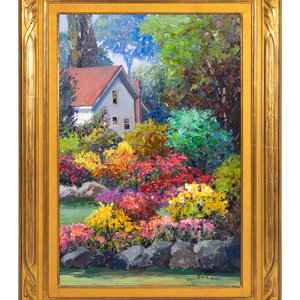 Appraisal: Kent Wallis American b Garden Cottage oil on canvas signed