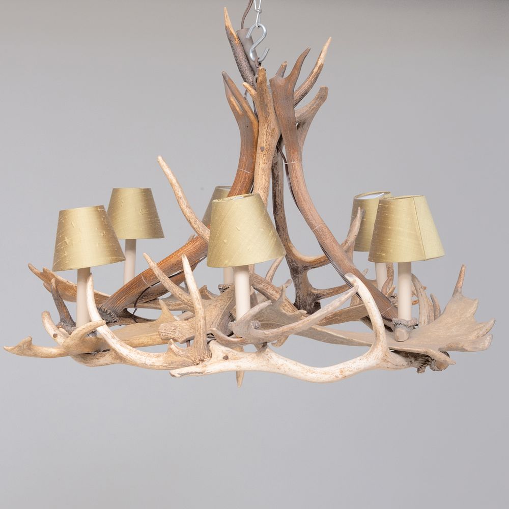 Appraisal: Antler Six-Light Chandelier Fitted with silk shades x in diam