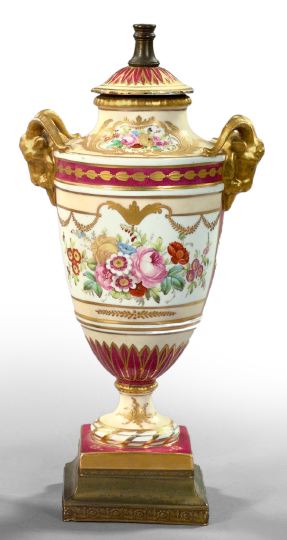 Appraisal: French Porcelain Ram's-Masque-Handled Covered Garniture Vase first quarter th century