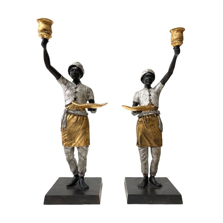 Appraisal: Pair of African Bronze Statues Candlesticks Polychrome bronze matching statues