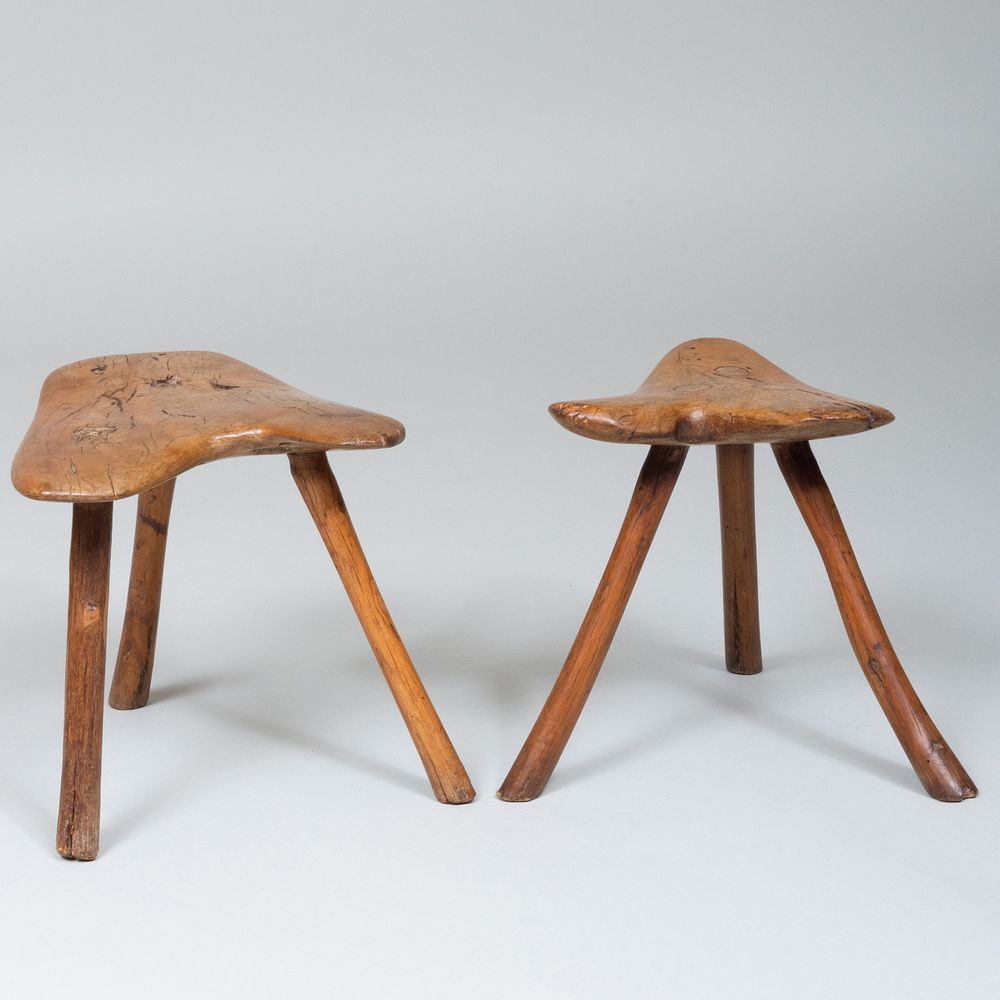 Appraisal: Two Rustic Elm and Ash Milking Stools Indistinctly signed on