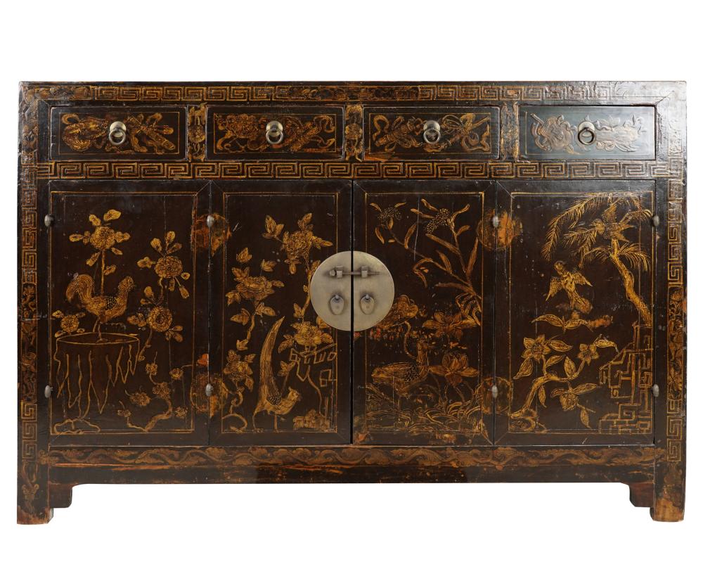 Appraisal: CHINESE LACQUERED CABINEThaving four drawers over a pair of double-hinged