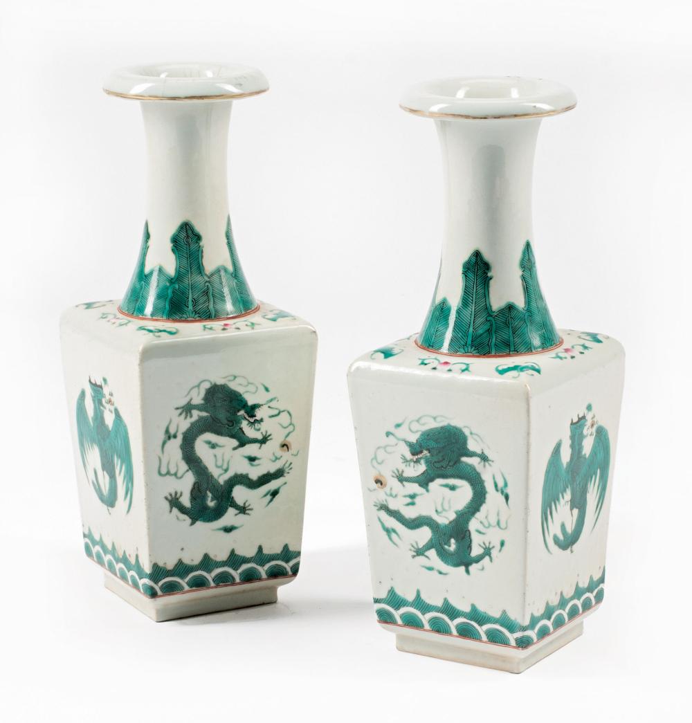 Appraisal: Pair of Chinese Famille Verte Porcelain Square Bottle Vases decorated