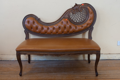 Appraisal: FRENCH WALNUT LEATHER UPHOLSTERED SETTEE