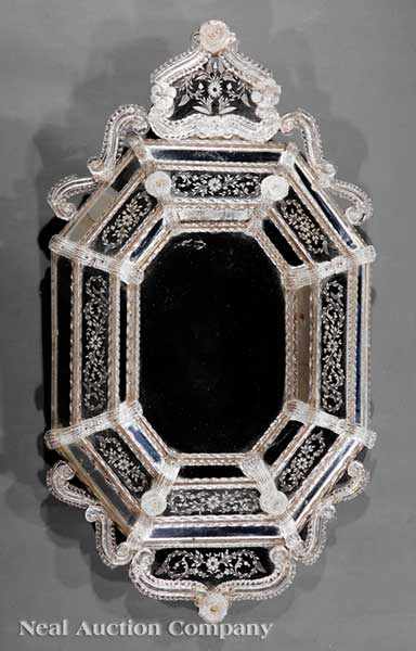 Appraisal: An Antique Venetian Etched Glass Mirror the octagonal segmented frame