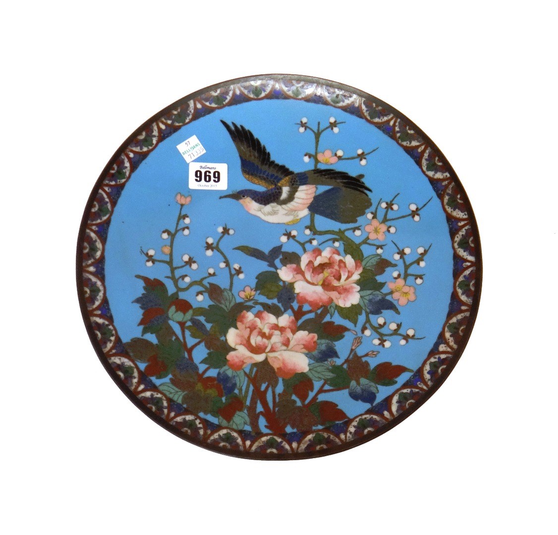 Appraisal: A Japanese cloisonn dish Meiji period worked with a bird