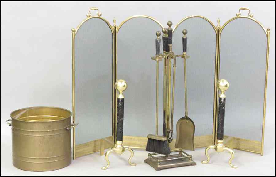 Appraisal: SUITE OF BRASS FIREPLACE ACCESSORIES Comprised of a firescreen set