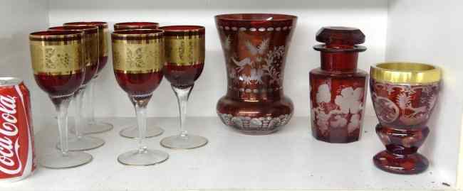 Appraisal: Cranberry glass lot including set of wines vases etc