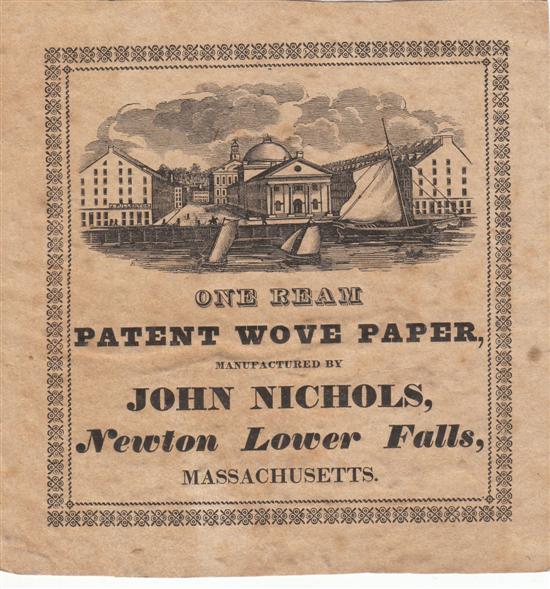 Appraisal: PRINTING Ream wrapper issued by Massachusetts papermaker John Nichols One