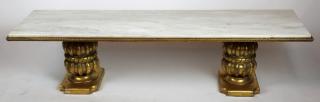 Appraisal: Double gilt pedestal coffee table with marble top Double gilt