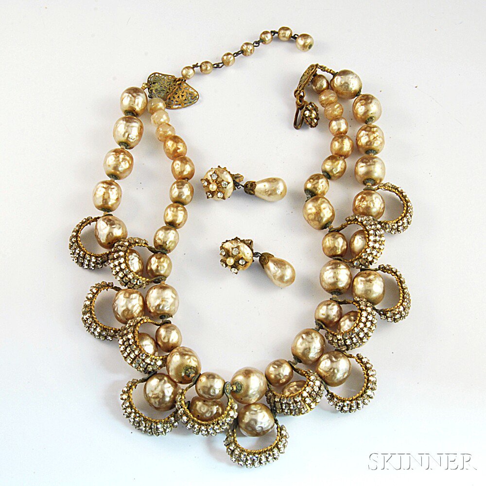 Appraisal: Miriam Haskell Scalloped Faux Baroque Pearl and Rhinestone Necklace with