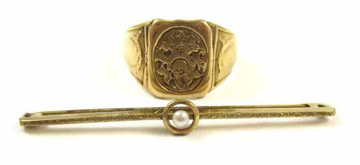 Appraisal: TWO ARTICLES OF GOLD JEWELRY including a pin set with