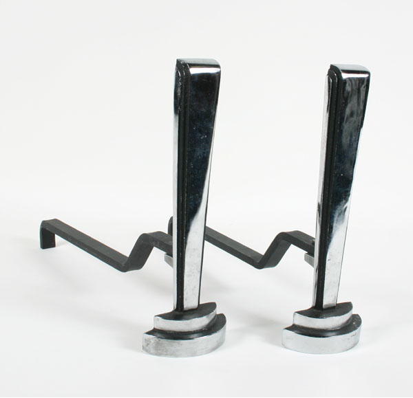 Appraisal: Chromed cast iron streamline Art Deco andirons with stepped base