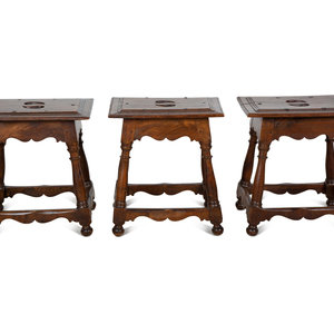 Appraisal: Three Italian Baroque Style Walnut Stools TH CENTURY Height x