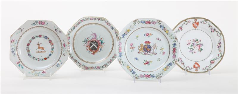 Appraisal: FOUR CHINESE EXPORT FAMILLE ROSE ARMORIAL OCTAGONAL PLATES Comprising the