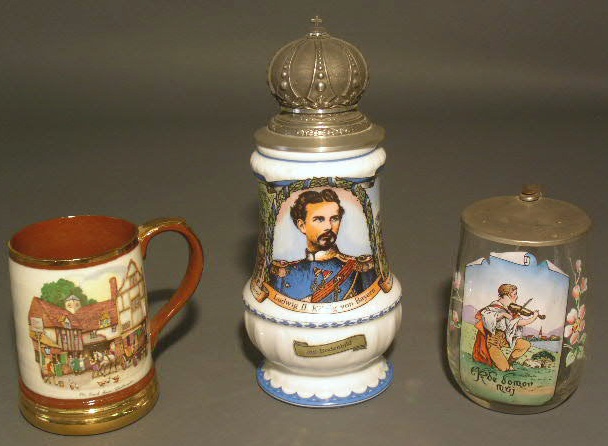 Appraisal: Three mugs steins glass and ceramic largest h