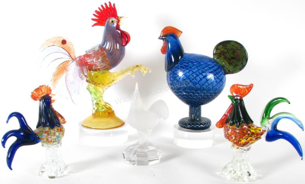 Appraisal: Group of Murano and Art Glass Roosters five total including